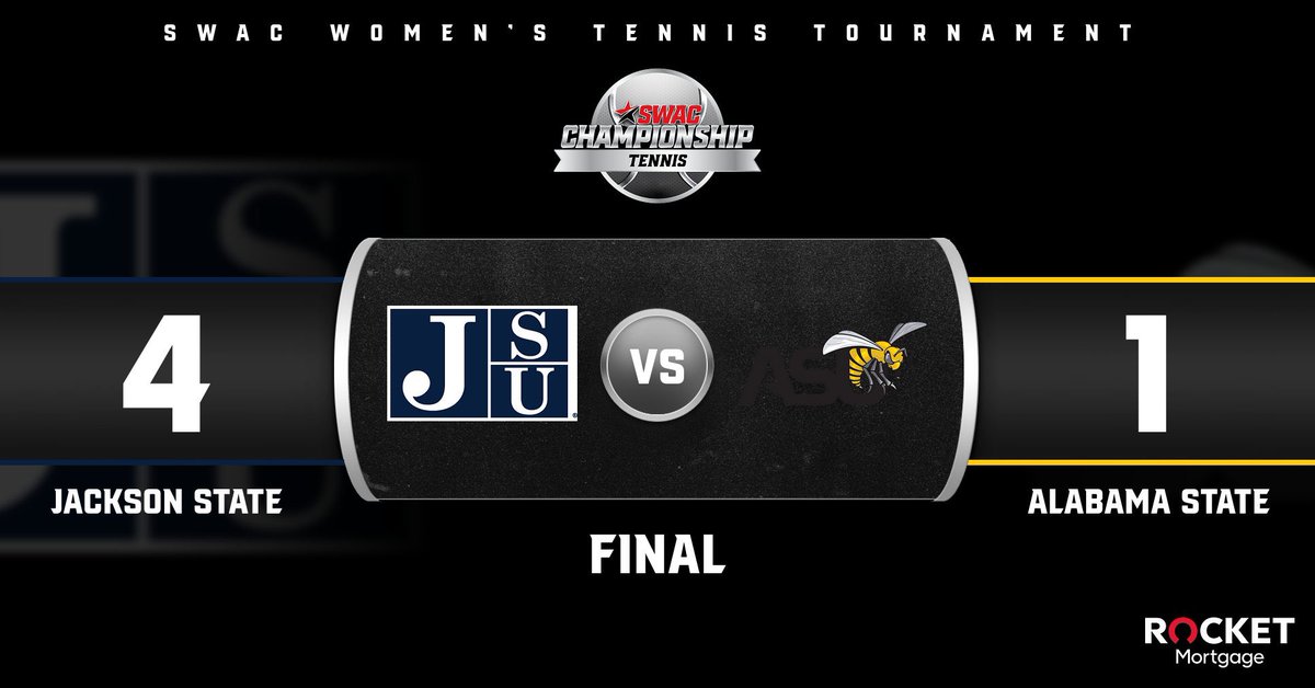 theswac's tweet photo. 2023 SWAC Women’s Tennis Tournament Final Score: Apr. 22 presented by Rocket Mortgage 

@GoJSUTigers advances to the Finals after defeating Alabama State! 

#SWACTennis x #SWACChampionship https://t.co/4RvuEtRwrl