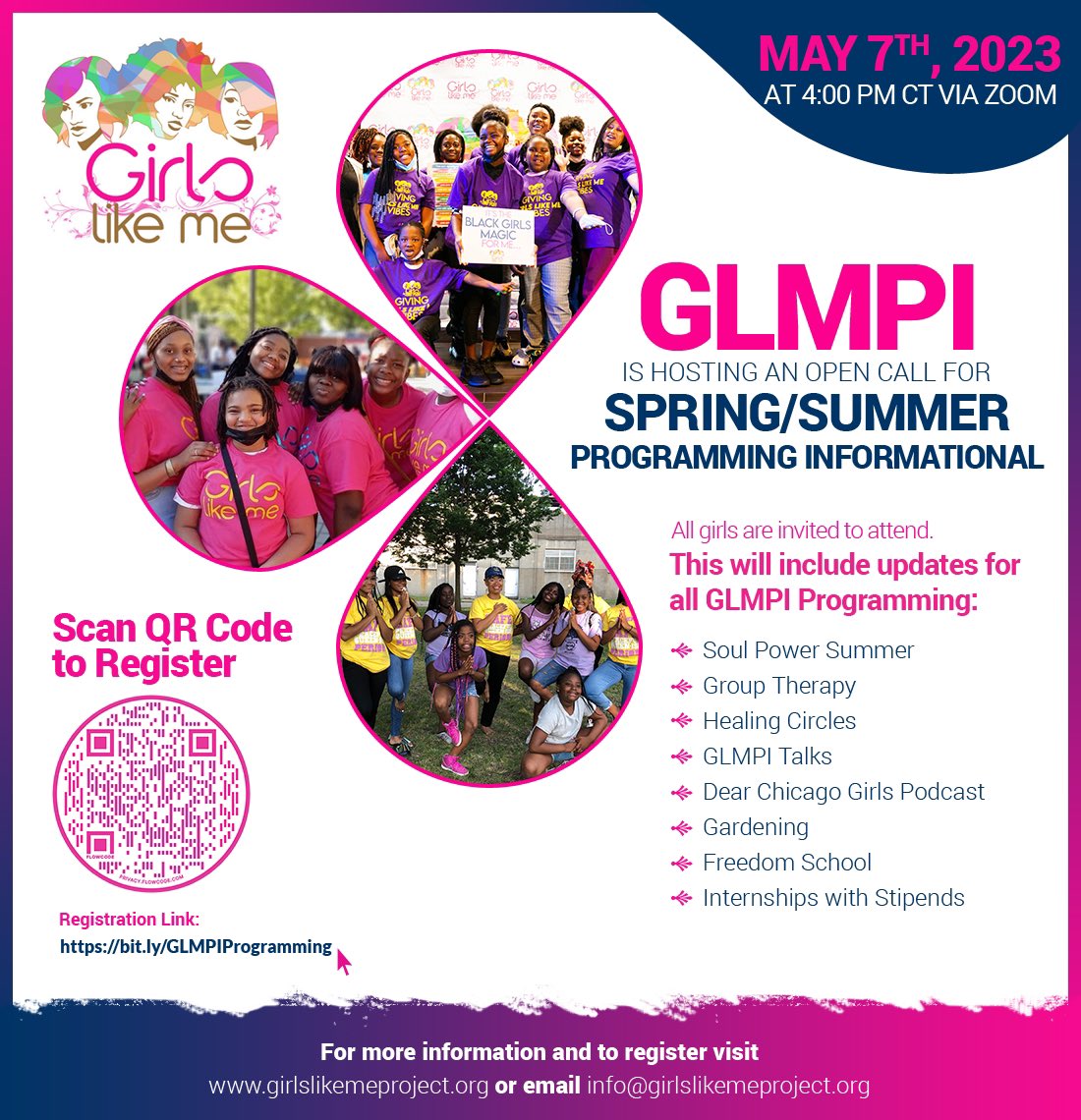 We are excited to invite you to GLMPI's Open Call for Spring/Summer Programming Informational happening on May 7th, 2023 at 4:00 pm CT via Zoom! 🌸

All girls are invited to attend this event, where you'll receive the latest updates on all of GLMPI's amazing programming.