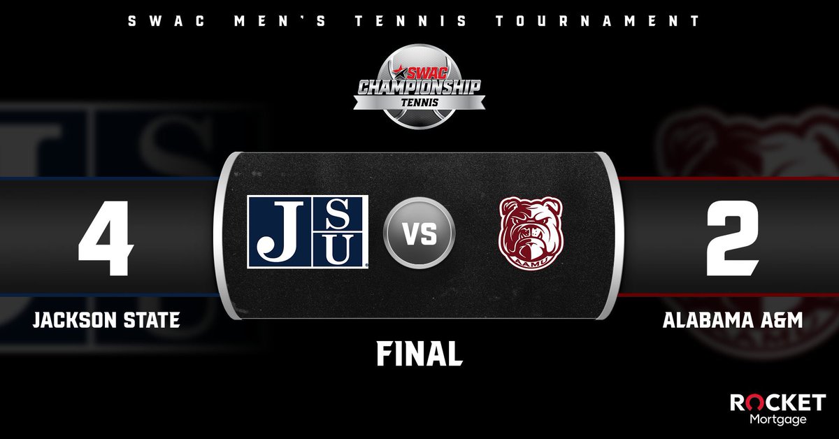 theswac's tweet photo. 2023 SWAC Men’s Tennis Tournament Final Score: Apr. 22 presented by Rocket Mortgage 

@GoJSUTigers advances to the Finals after defeating Alabama A&amp;M! 

#SWACTennis x #SWACChampionship https://t.co/4C31AsINE9
