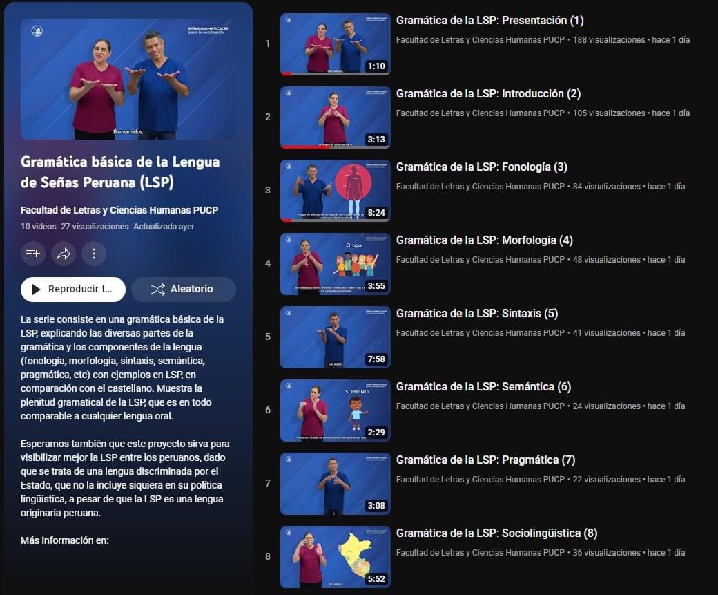 MoisesPiscoya's tweet photo. Buenísimo el proyecto de @SGramaticales de la Facultad de Letras y Ciencias Humanas de la @pucp 
Esta serie de 10 videos explica lo básico de la gramática en Lengua de Señas Peruana a partir de explicaciones de los componentes de la LSP: fonología, morfología, sintaxis, semántica, pragmática, sociolingüística, contacto de lenguas y bilingüismo.
La idea de todo esto es mostrar que la LSP es una lengua con el mismo valor que las lenguas orales como el español, francés, quechua, etc., y mostrar que tiene su propia gramática. Por lo mismo, merece ser reconocida por el Estado peruano como 𝐋𝐞𝐧𝐠𝐮𝐚 𝐎𝐫𝐢𝐠𝐢𝐧𝐚𝐫𝐢𝐚, (porque fue creada aquí, en Perú, de forma natural) y recibir todo lo que ello conlleva. 

Esperamos también que este proyecto sirva para que el Estado la incluya en su política lingüística que desde muchos años la comunidad sorda viene luchando por eso. 

https://t.co/AaI1ZmDuhu