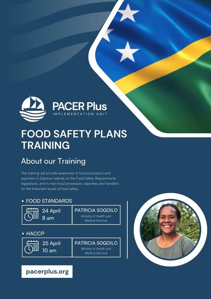 PlusPacer's tweet photo. 📢 Food processors and exporters in Solomon Islands! Don't miss out on a two-day Food Safety Training funded by PACER Plus Implementation Unit. Learn about HACCP compliance and implementation of food safety plans. This training is critical for accessing food export markets ⬇️ https://t.co/aw4ClzA6Y4