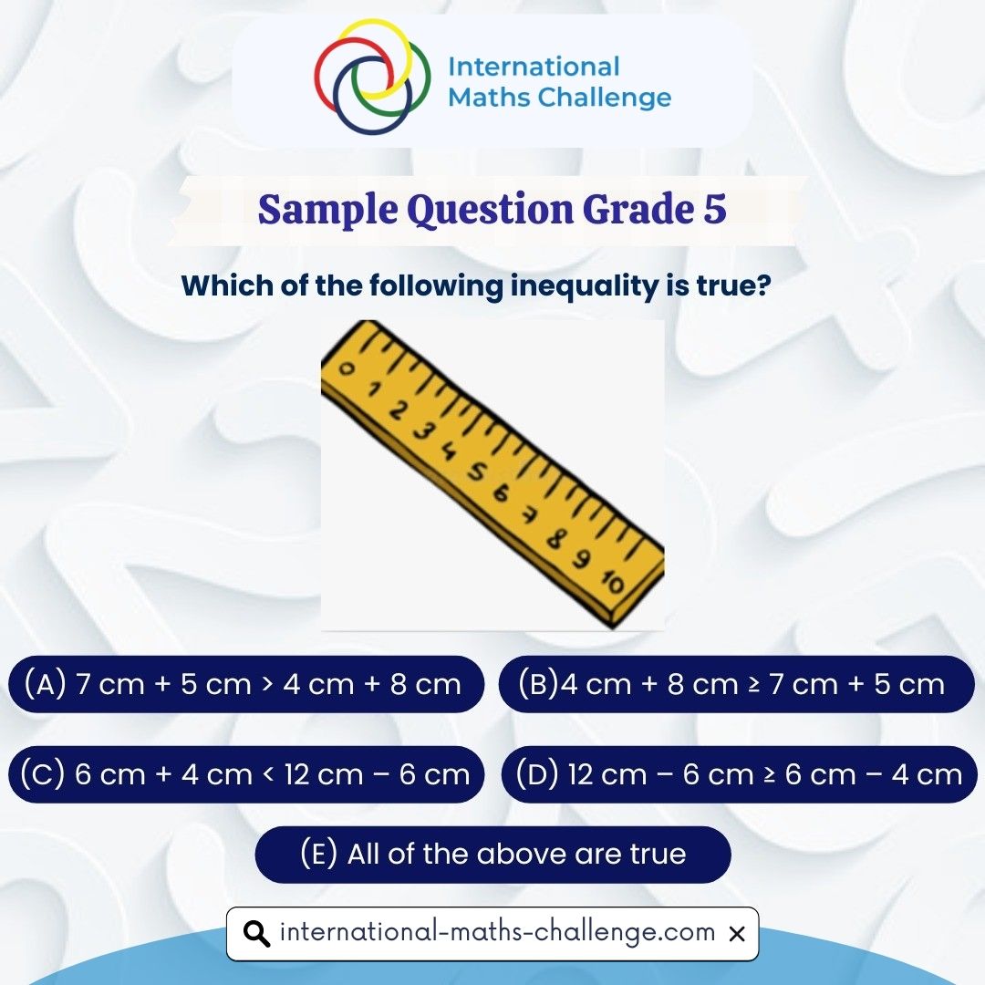 imochallenge's tweet image. Which of the following inequality is true?

(A) 7 cm + 5 cm &amp;gt; 4 cm + 8 cm
(B)4 cm + 8 cm ≥ 7 cm + 5 cm
(C) 6 cm + 4 cm &amp;lt; 12 cm – 6 cm
(D) 12 cm – 6 cm ≥ 6 cm – 4 cm
(E) All of the above are true

Comment your answer 👇
.
.
.
#question #quiz #samplequestion