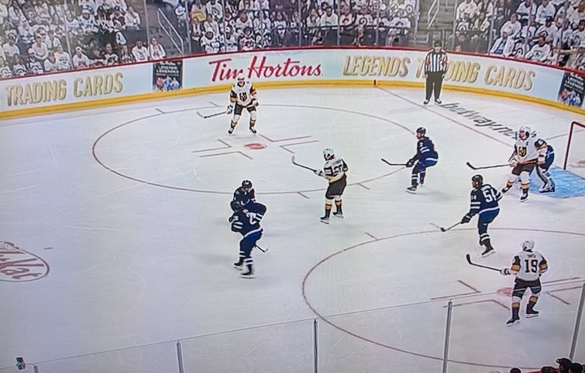 Vegas with the 1-3-1 power play format , Vegas controlling the puck at the point.  *Jets 'Diamond' PK formation collapses into the slot (achieving very little) the shooter(s) are  on the faceoff dots, right shot  winger receives pass thru a wide open lane,-boom 🚨 #trustthesystem