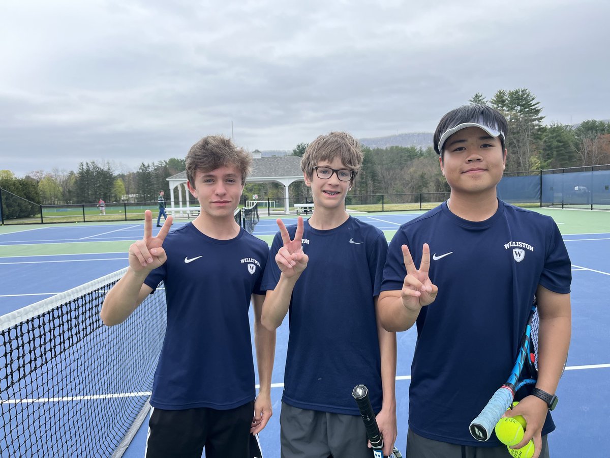 Willistonteams's tweet photo. Victories across the board as JV boys tennis defeated WMA 8-1 this afternoon at home!! Keshav Ambadi ‘26 and Sebastian Enriquez ‘25 shut out their opponents at #4 and #5!! #VisforVictory @WillistonNS https://t.co/wkBiXvKuxJ