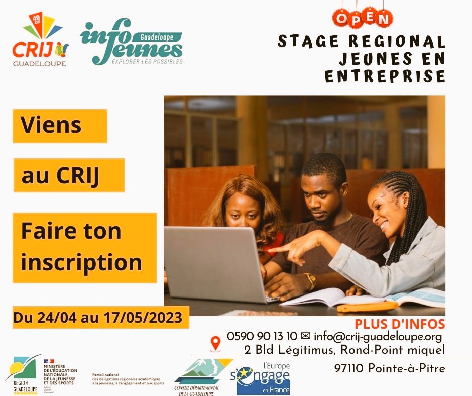 CrijGuadeloupe's tweet photo. #jobete 🟠Dans le cadre du dispositif « Stage régional, Jeunes en entreprise » (SRJE), l'équipe du CRIJ se mobilise pour t'accompagner sur ton dossier de candidature en ligne.
📅Du 24 avr. au 17 mai 2023
🚩Bvld Légitimus - Rond Point Miquel 97110 P-A-P
🚨Public : 18 à 25 ans https://t.co/hXZbPUAR5I