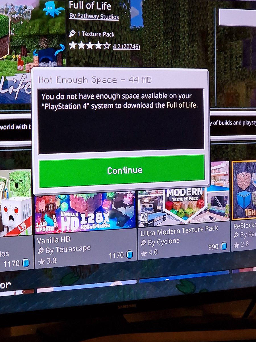 CafferwinAdams's tweet photo. @MojangSupport I have purchased this twice now and every time ps4 updates it goes. There is plenty of storage on PlayStation and the minecraft game so any suggestions why it won't download if not can I get my money back? Favourite texture pack, don't want to lose it again. https://t.co/vextVHVpmS