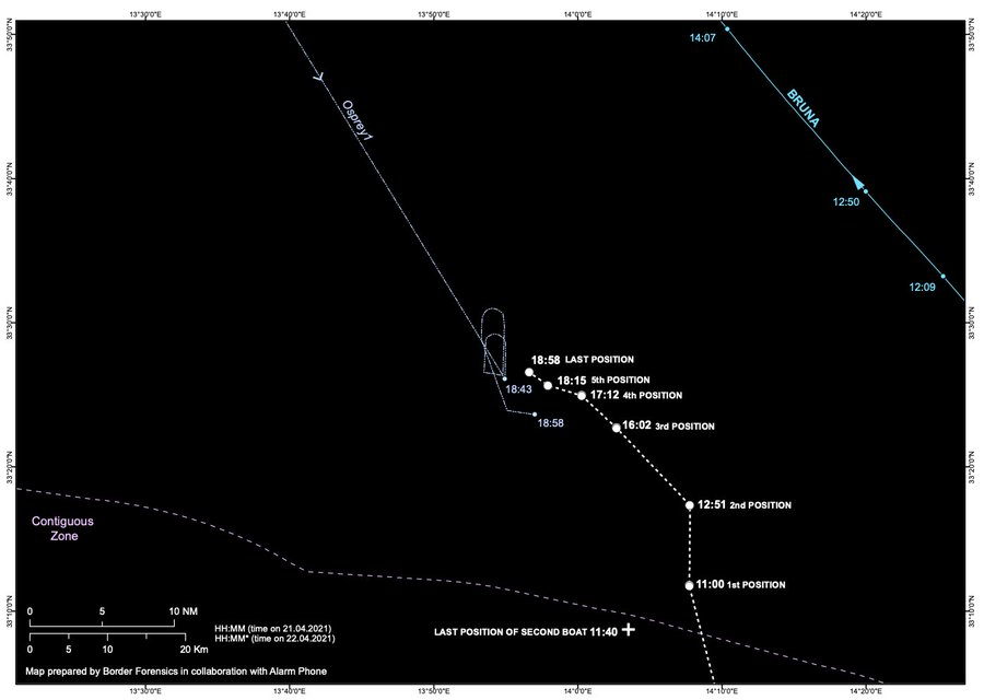 Eine Karte zeigt die Route des am 21./22.4. gesunkenen Bootes anhand der Alarm Phone übermittelten GPS-Positionen, die Route des Frontex-Flugzeugs 'Osprey 1', sowie der M/V Bruna, die unbeirrt ihrem Kurs an dem Seenotfall vorbei folgte.<br><br>Map prepared by Border Forensics in collaboration with Alarm Phone
