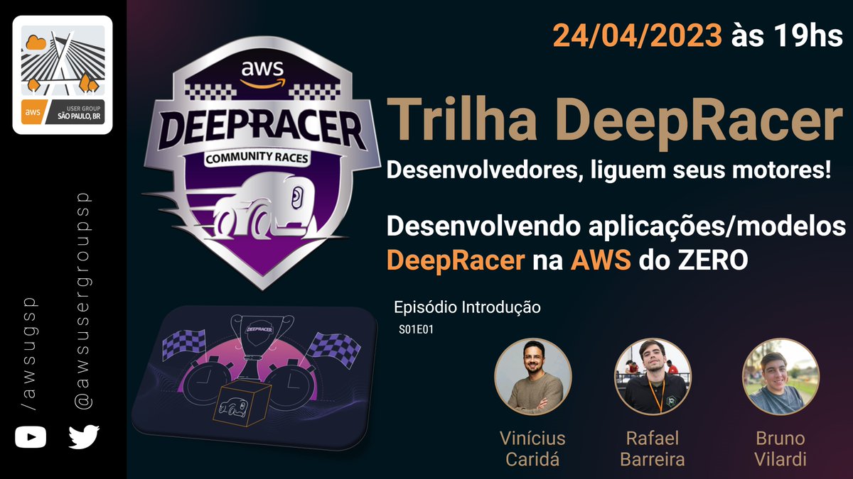 Desenvolvedores, liguem seus motores!!
Bem-vindo(a) a mais nova série do AWS User Group São Paulo: #DeepRacer!

Meetup: lnkd.in/dGsd6tJd
Youtube: lnkd.in/dGysFFvT

<a href="/awsugsp/">AWS User Group SP</a> <a href="/colors4ideas/">Vanessa Santos</a> <a href="/LuisaBrandt/">Luisa Brandt</a> <a href="/franciscoed/">Francisco Edilton</a> <a href="/WilloniL/">William Lino Oliveira</a> <a href="/AWSUserGroups/">AWS User Groups</a> <a href="/rafaelrbarreira/">Rafael Barreira</a>