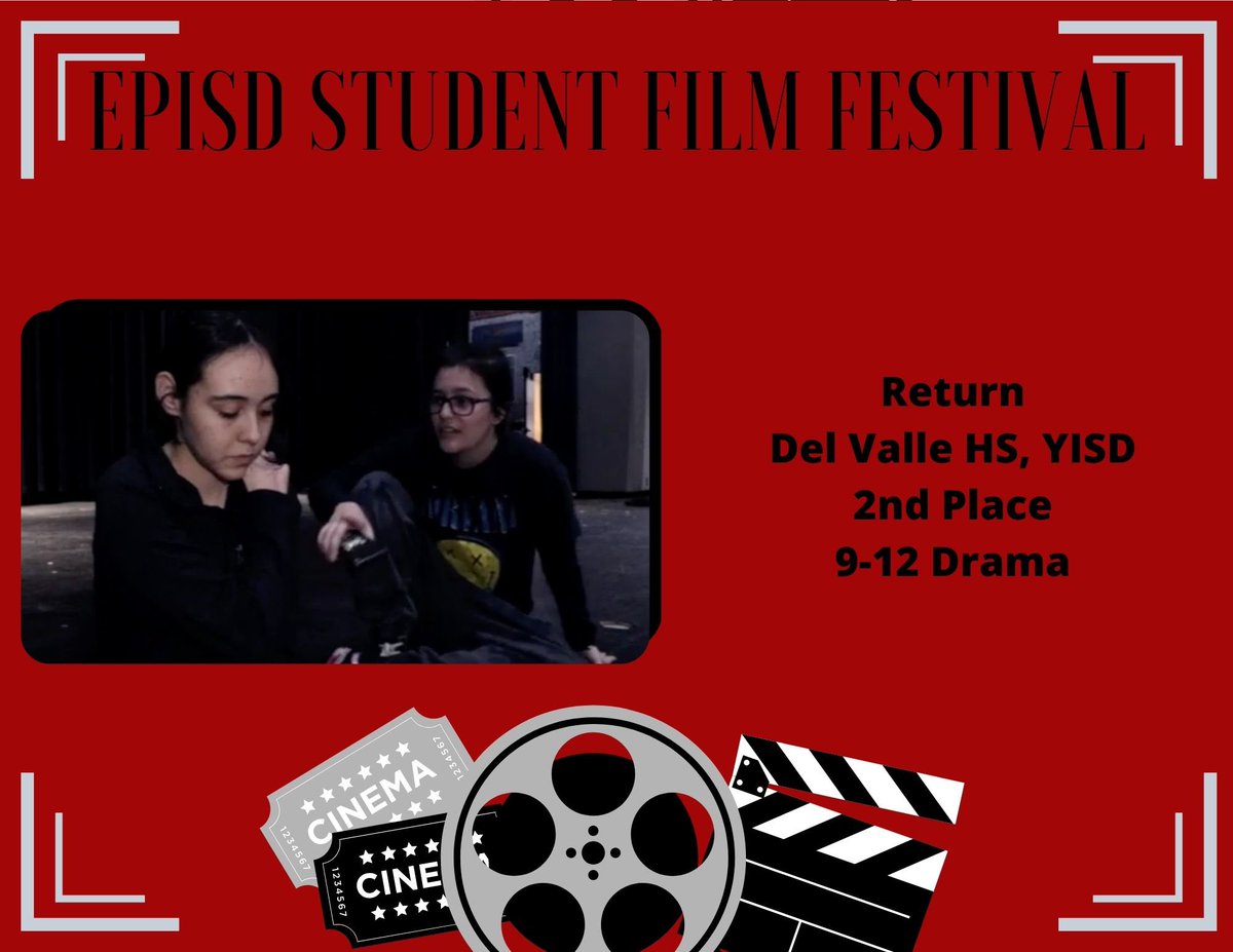 EPISD Digital Learning (@episd_its) on Twitter photo Winners for Drama in grades 6-12. Congrats to students from Hornedo MS, El Dorado HS and Del Valle HS. #episdfilmfest #episd #itstartswithus <a href="/HornedoMS/">Hornedo Tornados</a> <a href="/conquestjournal/">DV Video Productions</a> @edaztecs_hs Winners for Drama in grades 6-12. Congrats to students from Hornedo MS, El Dorado HS and Del Valle HS. #episdfilmfest #episd #itstartswithus <a href="/HornedoMS/">Hornedo Tornados</a> <a href="/conquestjournal/">DV Video Productions</a> @edaztecs_hs