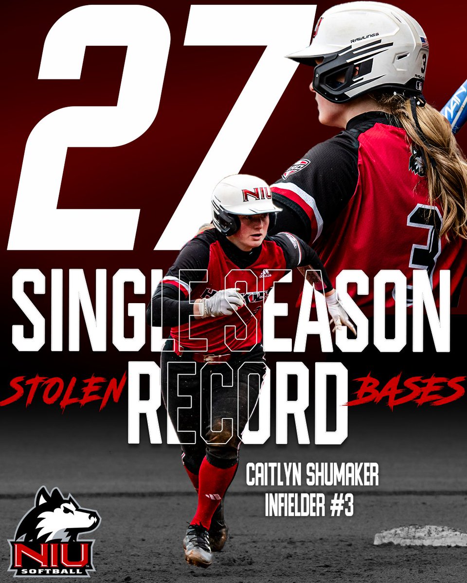 NIUSoftball's tweet photo. Record 𝗕𝗥𝗘𝗔𝗞𝗘𝗥 ❗️ 

Caitlyn Shumaker rewrites the history books and now holds most stolen bases in a single season in 𝗽𝗿𝗼𝗴𝗿𝗮𝗺 𝗵𝗶𝘀𝘁𝗼𝗿𝘆!

#Intent | #RiseUp https://t.co/eMmnZOnyWf
