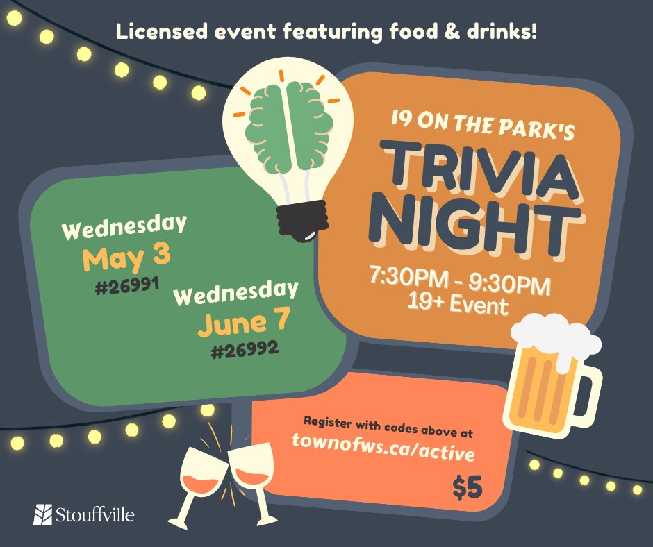 Town of Stouffville (@townofws) on Twitter photo 🍻 Cheers and challenge your pals at <a href="/19onthePark/">19 on the Park</a> to take home bragging rights after an evening of snacks, drinks, and fun! Only $5 per player on May 3 and June 7, starting at 7:30 p.m.
Register at townofws.ca/active with barcodes 26991 and 26992. 🍻 Cheers and challenge your pals at <a href="/19onthePark/">19 on the Park</a> to take home bragging rights after an evening of snacks, drinks, and fun! Only $5 per player on May 3 and June 7, starting at 7:30 p.m.
Register at townofws.ca/active with barcodes 26991 and 26992.