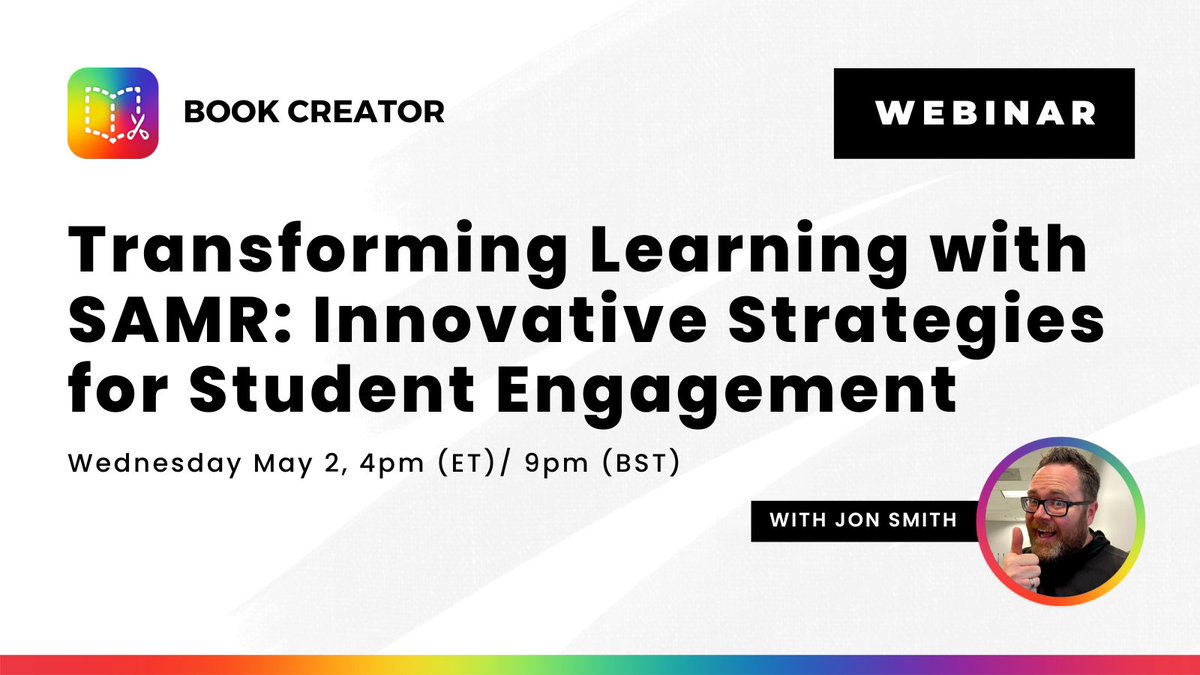 Explore how the #SAMR model can be used to engage students in the learning process and how Book Creator can support teachers in implementing SAMR with <a href="/theipodteacher/">Jon Smith</a> on May 2.

Register at hubs.la/Q01M1FxN0 #edutwitter