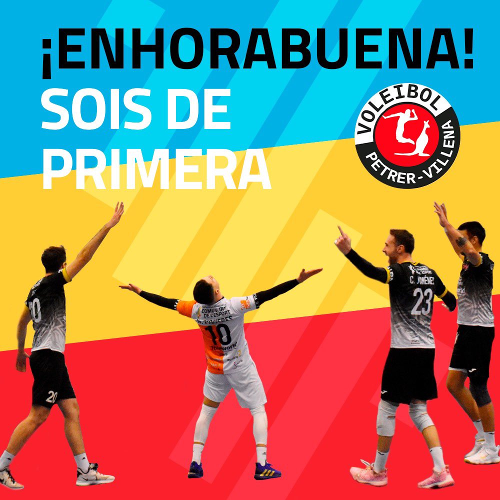 comunitatesport's tweet photo. ¡@Voleibol_Petrer es de primera! 🏆 El equipo de Petrer consigue el ascenso a la Superliga masculina, la máxima categoría del voleibol nacional.

Gran representación de la Comunitat de l’Esport 👏🏼👏🏼 ¡ENHORABUENA! https://t.co/LmELEM1sZm
