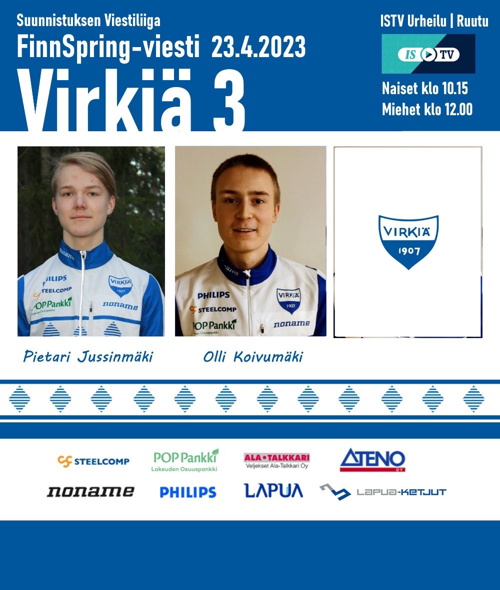 Virkiän joukkueet Viestiliigan avaukseen! Naisten joukkue viivalla klo 10.30 ja kolme miesten joukkuetta klo 12.10.

Su 23.4. klo 10.15 alkaen suorana ISTV Urheilu ja Ruutu.

#suunnistus #viestiliiga