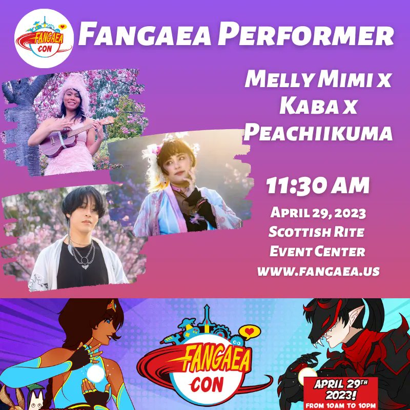 FangaeaCon's tweet photo. Saturday is full of song+dance w/ featured performer Melly Mimi πΆ See her ukelele strums+dancers Kaba+Peachiikuma at Fangaea 2023 Sat 4/29 π
#fangaea #fangaeacon #fangaea2023 #featuredperformer #performer #singer #ukelele #dancers #sdconvention #sandiegoconvention #sandiego https://t.co/Ld70SZCfHh