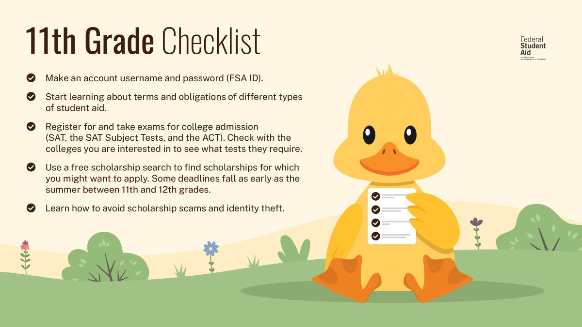 FAFSA's tweet photo. High-school juniors: This spring, make sure you get all of your ducks in a row for college or career school! 🦆​

Find the full 11th grade checklist here: https://t.co/7erQ6HLy5L https://t.co/lVkGRtbkD9