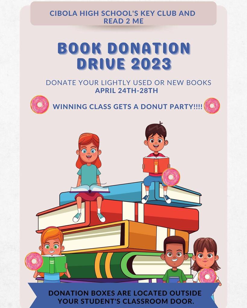jenna_bludworth's tweet photo. Help support @cibola_key and @read.2me  by donating new or lightly used books. Boxes will be in your students classroom. Winning class gets a donut party! https://t.co/sGIpNSehGe