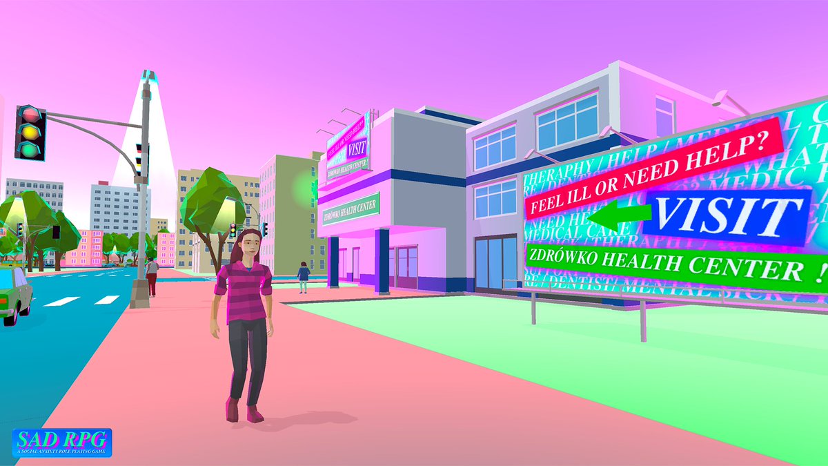 SAD_RPG's tweet photo. #screenshotsaturday 20230422 
"RPG: a social anxiety role-playing game"  

#indiedev #lowpoly #vaporwave #steamgame #socialanxiety #indiewatch #indiegame #steamDeck #NintendoSwitch #gamedev https://t.co/800ECRcXOg