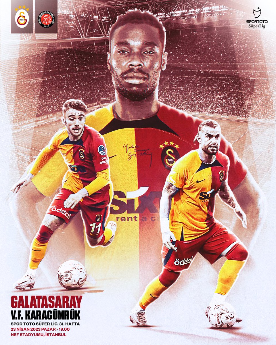 #BugünGünlerdenGALATASARAY 💪

🏆 2022-2023 Spor Toto Süper Lig Sezonu
🗓️ 31. Hafta
🆚 V. F. Karagümrük
📆 23.04.2023
⏰ 19.00
🏟️ Ali Sami Yen Spor Kompleksi Nef Stadyumu
📲 #GSvKG