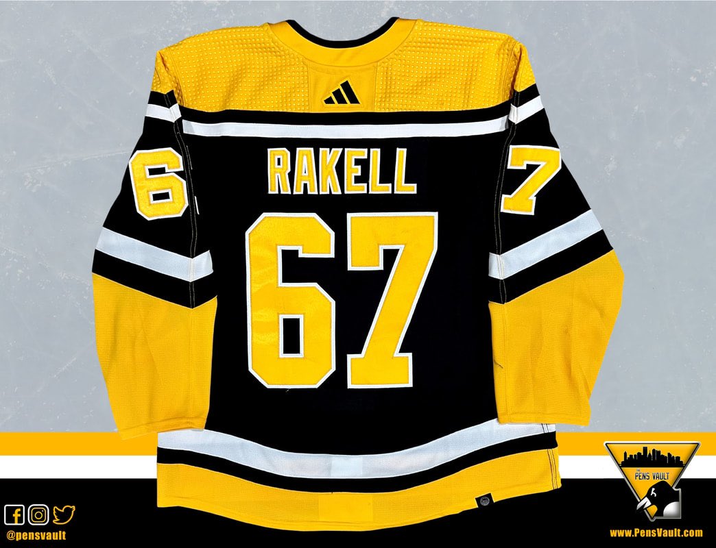 PensVault's tweet photo. Rickard Rakell 2022-23 Reverse Retro Set Game Worn Jersey. @RickyRakell93 wore this jersey for 9 games. He scored 4G &amp; 2A along w/ a -1 rating &amp; 2 PIM’s. #LetsGoPens https://t.co/6e0SiCqSQ0