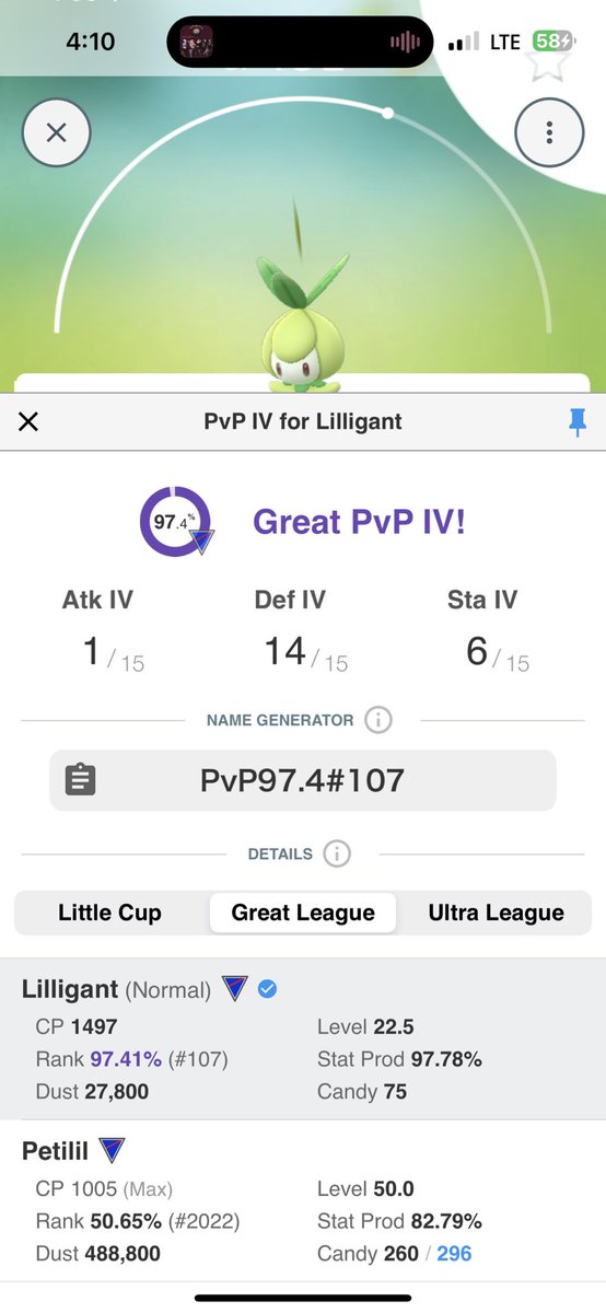 jsantos06's tweet photo. @pokegenieinfo Could you give us the option to also calculate PvP ivs for unreleased pokémon like Hisuian Lilligant https://t.co/Tk5Ce3FpKP