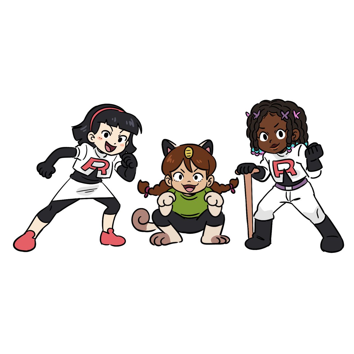 multiple girls 3girls cosplay dark skin gloves black hair team rocket uniform  illustration images