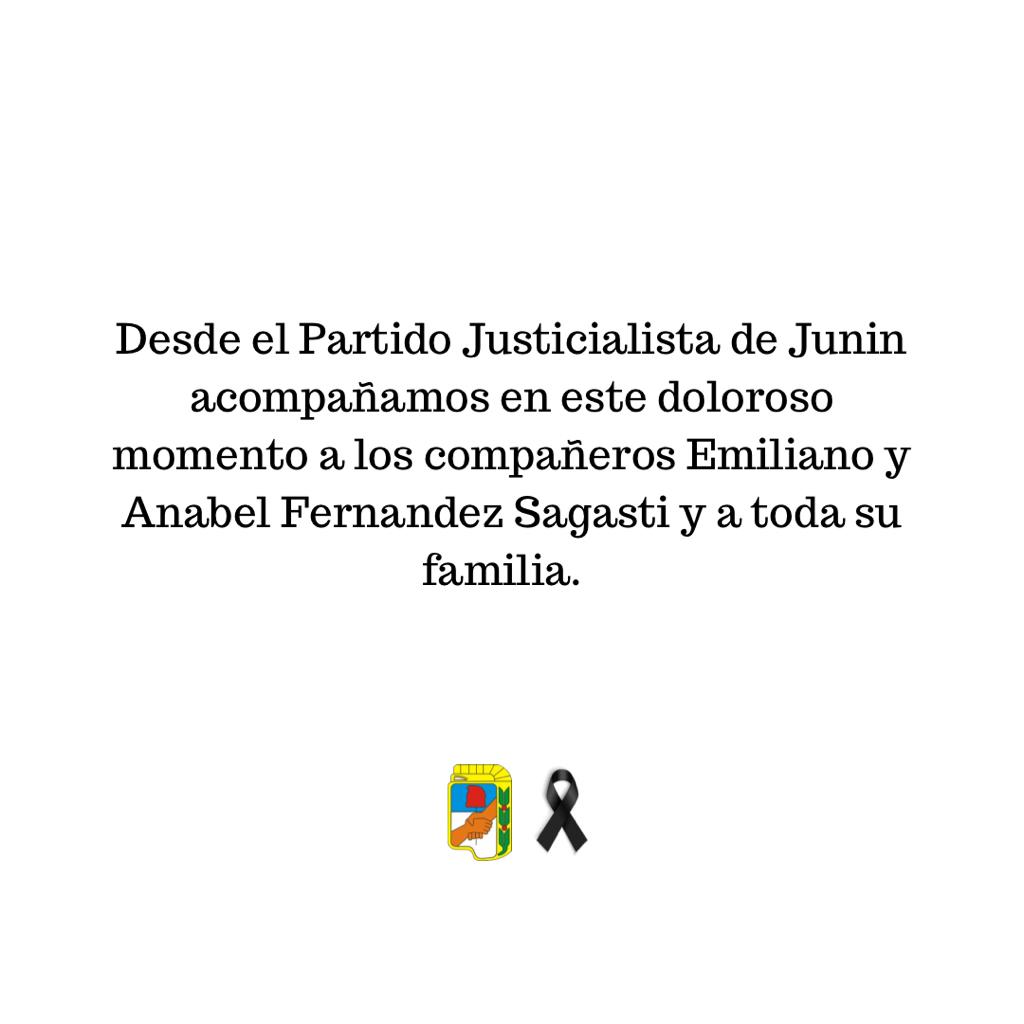 JuninPartido's tweet photo. Desde el Partido Justicialista de Junin acompañamos en este doloroso momento a los compañeros Emiliano y Anabel Fernández Sagasti y a toda su familia. 

@anabelfsagasti https://t.co/Zve67jcElh