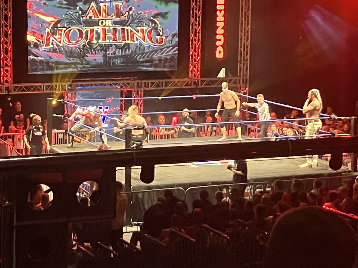 RoyalGrumblePod's tweet photo. The #1PW World Championship is on the line now in the fatal four way: Lance Archer vs. Mark Haskins vs. Cara Noir vs. Will Ospreay. Winner faces Matt Cardona in Lincoln on June 10th #1PWAON https://t.co/Z5hAmKeZJd
