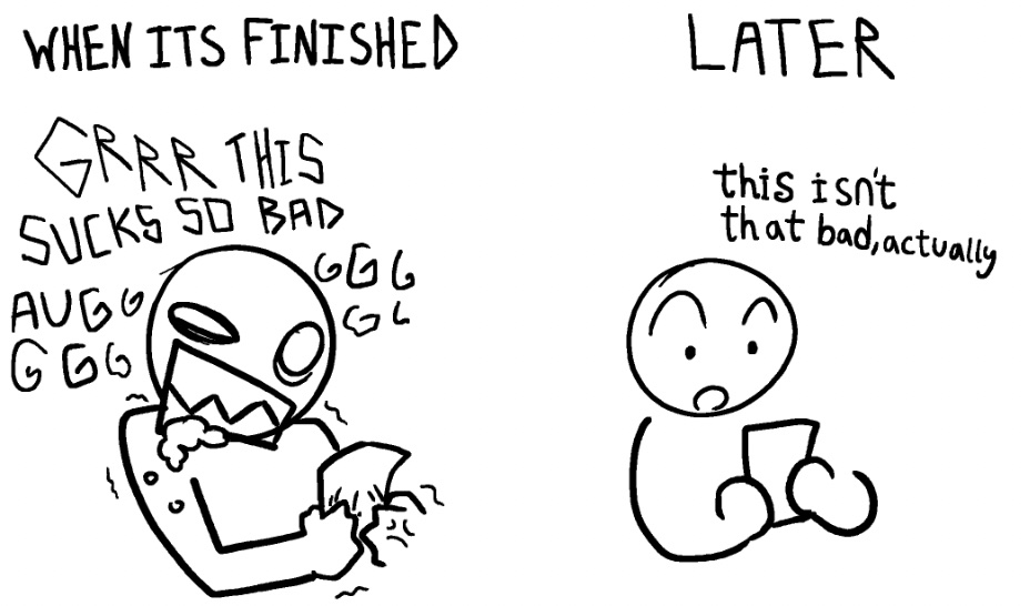 Two characters holding a piece of paper.
on the left, the character has an enraged look, frothing at the mouth while grasping at the piece of paper. on the right is a much calmer character with a seemingly impressed expression, holding the piece of paper normally. 

its captioned: When its finished VS Later . the character on the left (with the caption when its finished) is saying "GRRR THIS SUCKS SO BAD AUGG", while the character on the right (with the caption later) is saying "This isn't too bad, actually."

it means when the drawing is first finished, the artist is comically dissatisfied with the result, but when leaving and looking at the drawing at a later time, the artist realizes that the drawing isn't that bad.