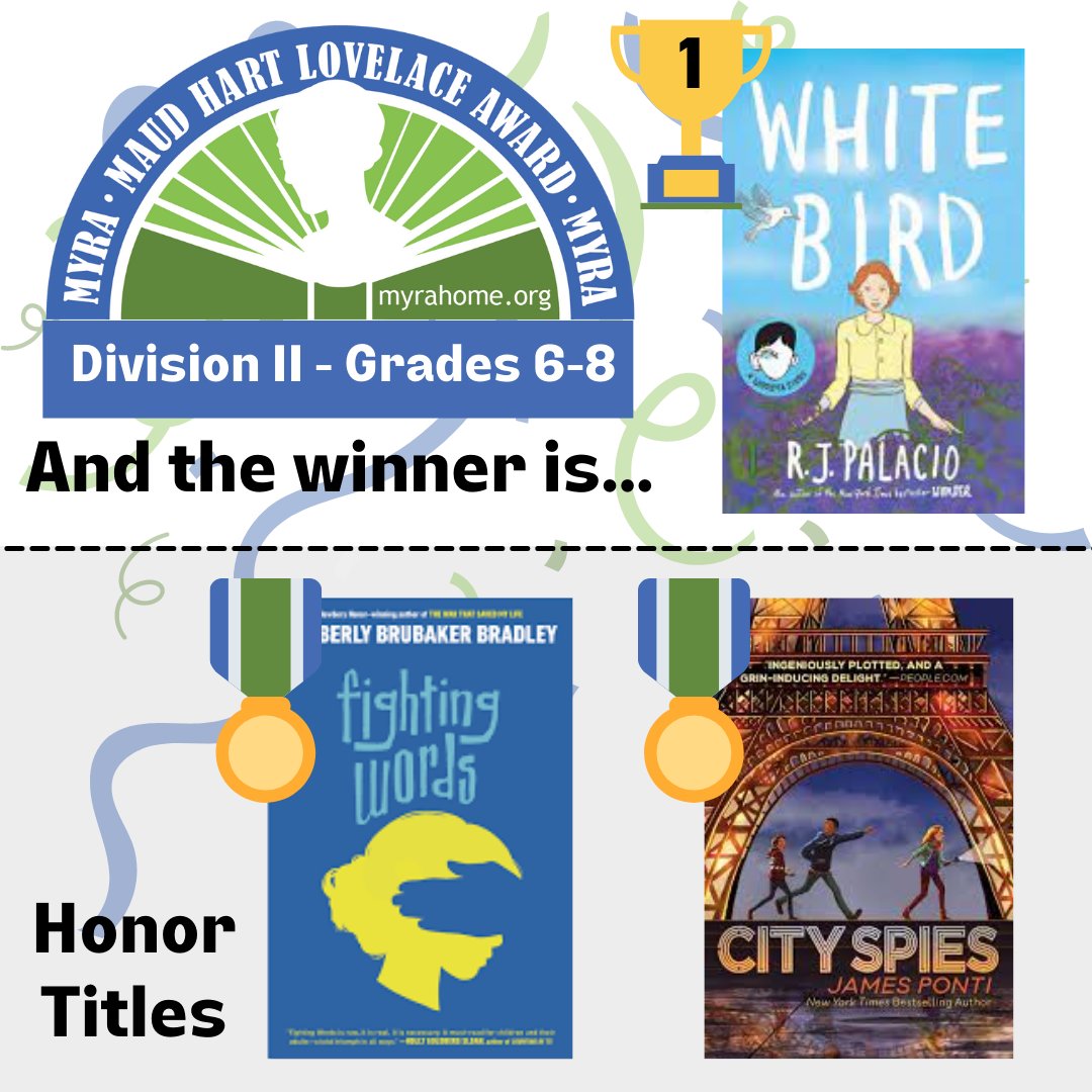 Congratulations to this year's Division II Maud Hart Lovelace Award Winner: White Bird by @rjpalacio R.J. Palacio. Honors go to Fighting Words by @kimbbbradley Kimberly Brubaker Bradley and City of Spies by @JamesPonti James Ponti