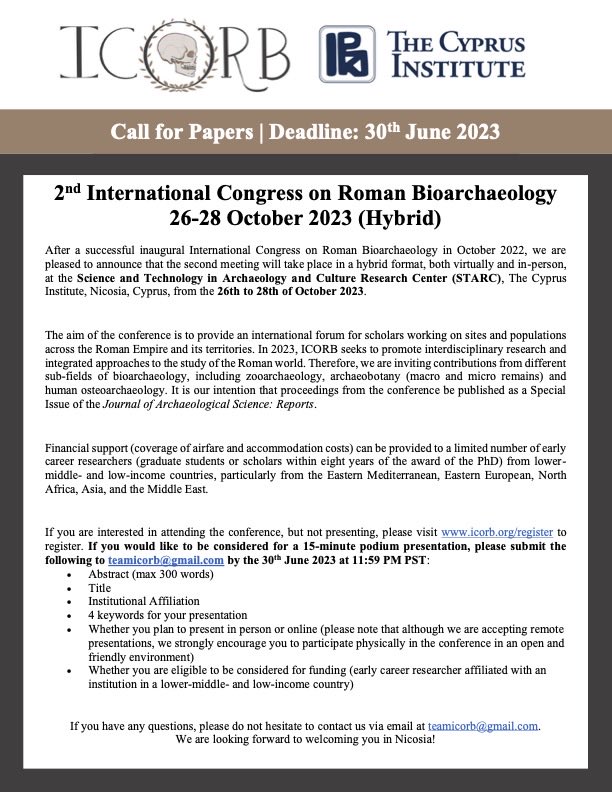 Romanbioarch's tweet photo. 💀Do you work on human, animal, or plant remains from the Roman Empire?
🦴Want to get involved with a great group of colleagues?
🦷Have research to share? 
🧬Submit your abstract today for this hybrid conference! 
#osteology #zooarch #Roman #bioarch #paleoethnobotany #Romanworld https://t.co/0aQKPnHXkg