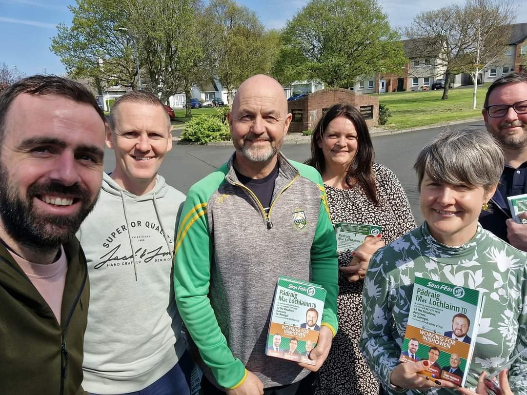 SFInishowen's tweet photo. ☀️ All our elected reps out today canvassing in Buncrana, Carn on local issues &amp; in Derry for next months local elections.

One country. One party. 🇮🇪 https://t.co/LqnsJ4nEbG