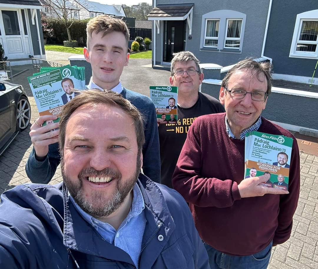 SFInishowen's tweet photo. ☀️ All our elected reps out today canvassing in Buncrana, Carn on local issues &amp; in Derry for next months local elections.

One country. One party. 🇮🇪 https://t.co/LqnsJ4nEbG