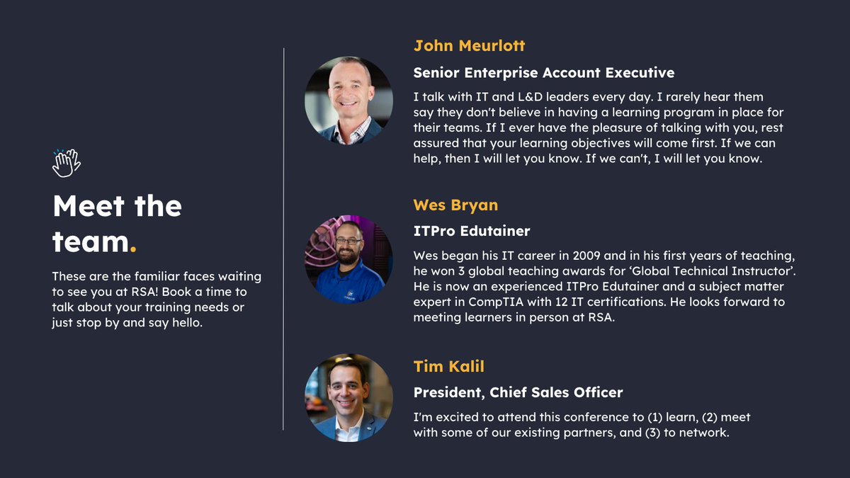 aci_archives's tweet photo. Are you headed to #RSAC in San Francisco this week?

Stop by booth #2429 to say hi to these familiar faces and learn about how our training can help you and your team 🤩 

We hope to see you there! https://t.co/JMxZfah9Sr

#RSA #RSAC2023 #RSA2023 https://t.co/0eUurCX4V4