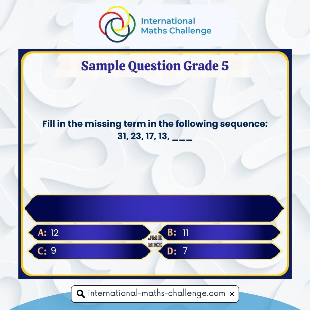 imochallenge's tweet image. Fill in the missing term in the following sequence: 31, 23, 17, 13, ___
(A) 12
(B) 11
(C) 9
(D) 7

Comment your answer 👇
.
.
.
#question #quiz #samplequestion