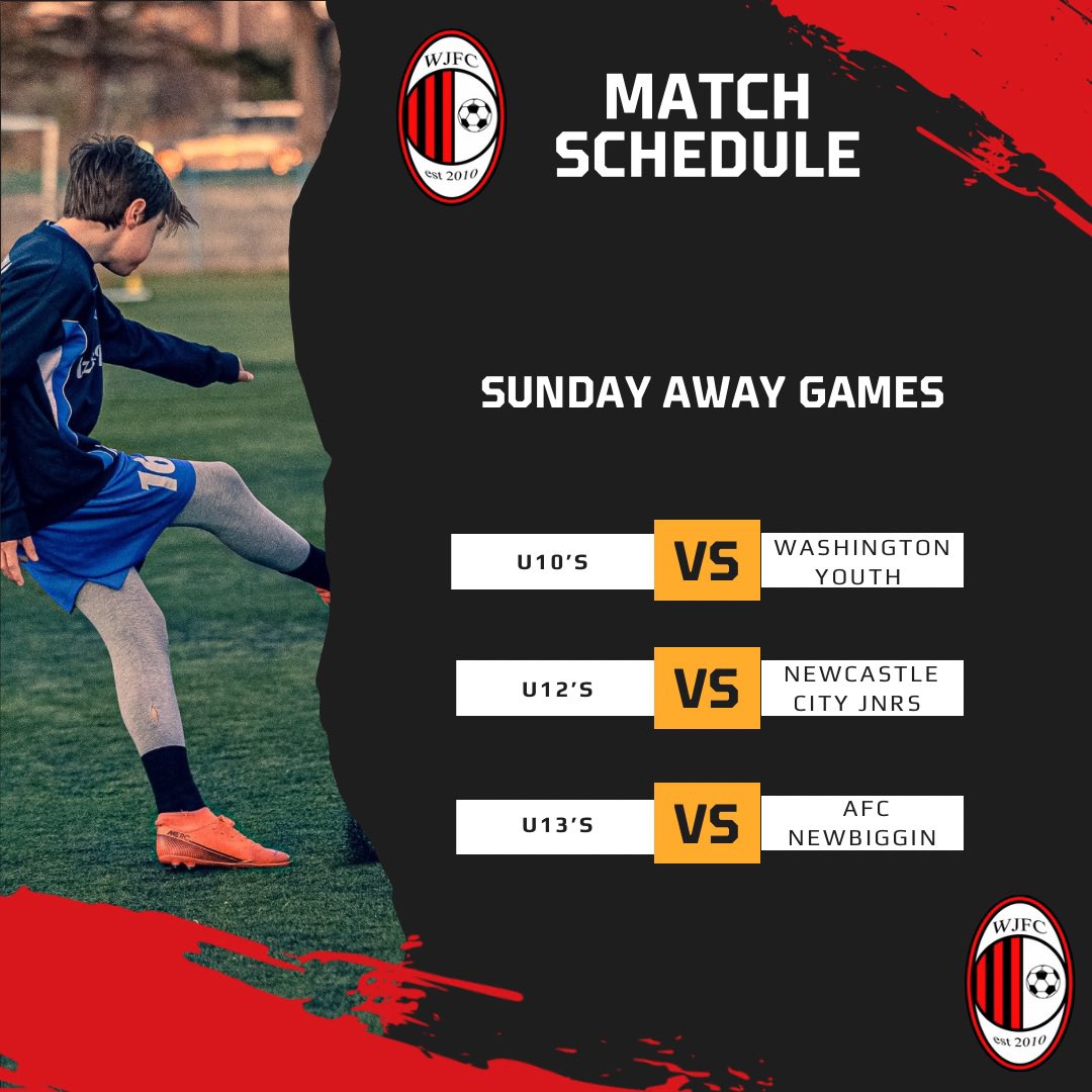 Away fixtures on the cards for three of our Sunday teams tomorrow. Come on West Moor! ⚫️🔴⚽️
#wmjfc #wmfc #onwardsandupwards #grassrootsfootball