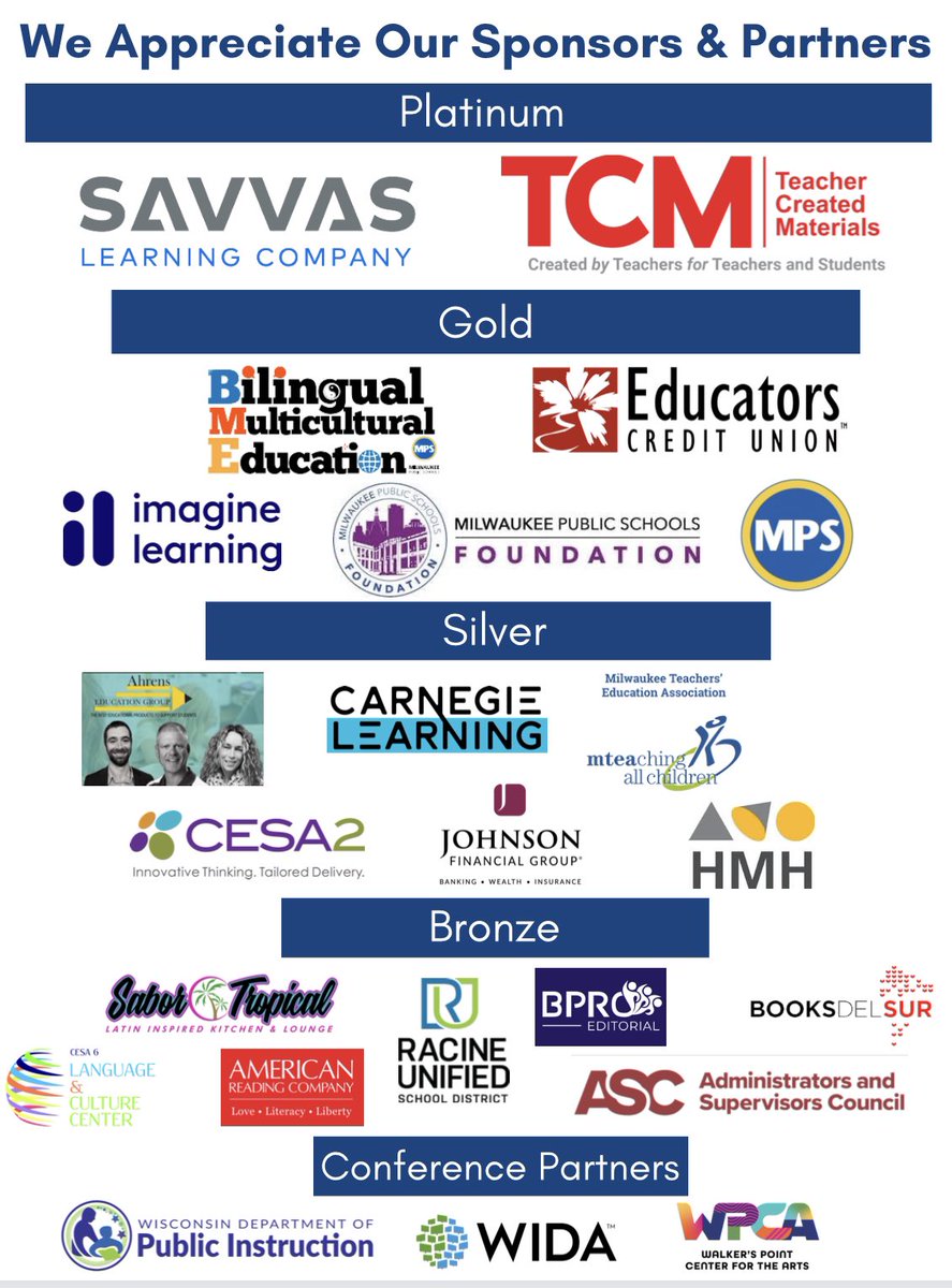 Gracias 2023 WIABE conference Sponsors & Partners! Thank you for supporting Bilingual Multicultural Education in Wisconsin! #wiabe2023
@tcmpub @SavvasLearning @MilwaukeeMPS @HMHCo @BooksDelSur @ImagineLearning @JohnsonBank @AhrensEducation @carnegielearn @MilwaukeeMPS @cesa2wi