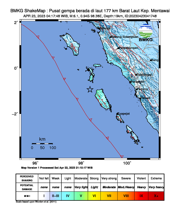 infoBMKG's tweet photo. #Gempa (UPDATE) Mag:6.1, 23-Apr-23 04:17:48 WIB, Lok:0.94 LS, 98.38 BT (Pusat gempa berada di laut 177 km Barat Laut Kep. Mentawai), Kedlmn:19 Km Dirasakan (MMI) IV Siberut, III Padang, III Payakumbuh, III Pasaman Barat #BMKG https://t.co/N5kl9QdF2y