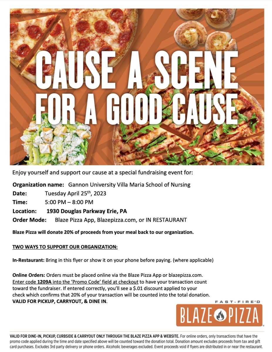 guvmson's tweet photo. No need to make dinner plans for Tuesday! The senior nursing students have you covered with a Blaze pizza fundraiser. You can eat there or eat at home. Just take a picture of this flyer with you to the restaurant or enter the code 1209A at checkout if you're ordering online. https://t.co/L8evnT7cjO