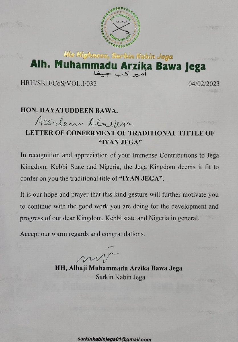 hayatubawa's tweet photo. Bismillah al-Rahman al-Rahim
I am pleased to inform you that I have been conferred the distinguished traditional title of “IYAN JEGA” by the District Head of Jega (Sarkin Kabin Jega), Alh Muhammadu Arzika Bawa Jega https://t.co/eycjBh2xkA