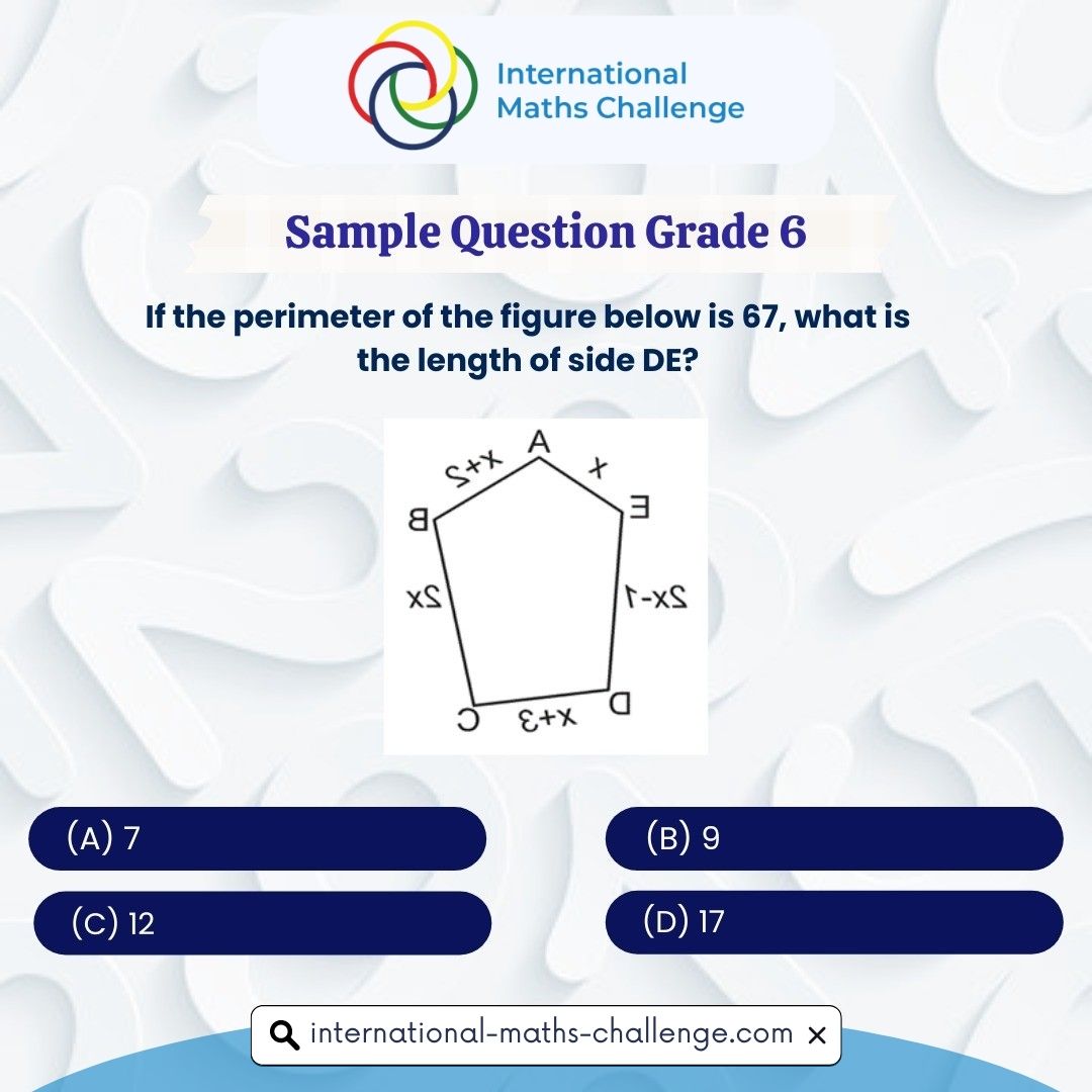 imochallenge's tweet image. If the perimeter of the figure below is 67, what is the length of side DE?

(A) 7
(B) 9
(C) 12
(D) 17

Comment your answer 👇
.
.
.
#question #quiz #samplequestion