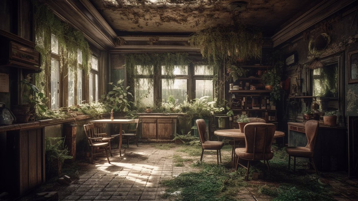 vadimerom's tweet photo. "One day, the time will come when highways and beloved cafes will vanish, and the overgrowth of grass will cover the land, as nature reclaims its roots." #midjourney #aiartcommunity https://t.co/iC9pwrso4V