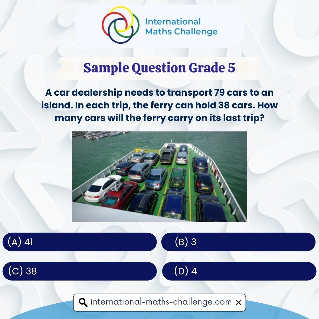 imochallenge's tweet image. A car dealership needs to transport 79 cars to an island. In each trip, the ferry can hold 38 cars. How many cars will the ferry carry on its last trip?

(A) 41
(B) 3
(C) 38
(D) 4

Comment your answer 👇
.
.
.
#question #quiz #samplequestion