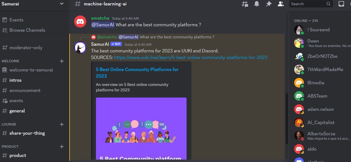 matchaman11's tweet photo. Excited to share the world's first AI community bot SamurAI built using @langchain by @hwchase17 

And the best thing, it's completely free

Now you can manage your community on Discord or Slack using SamurAI powered by #ChatGPT 

#ai #nocode #buildinpublic #indiedev https://t.co/h1KpXa2Xc7