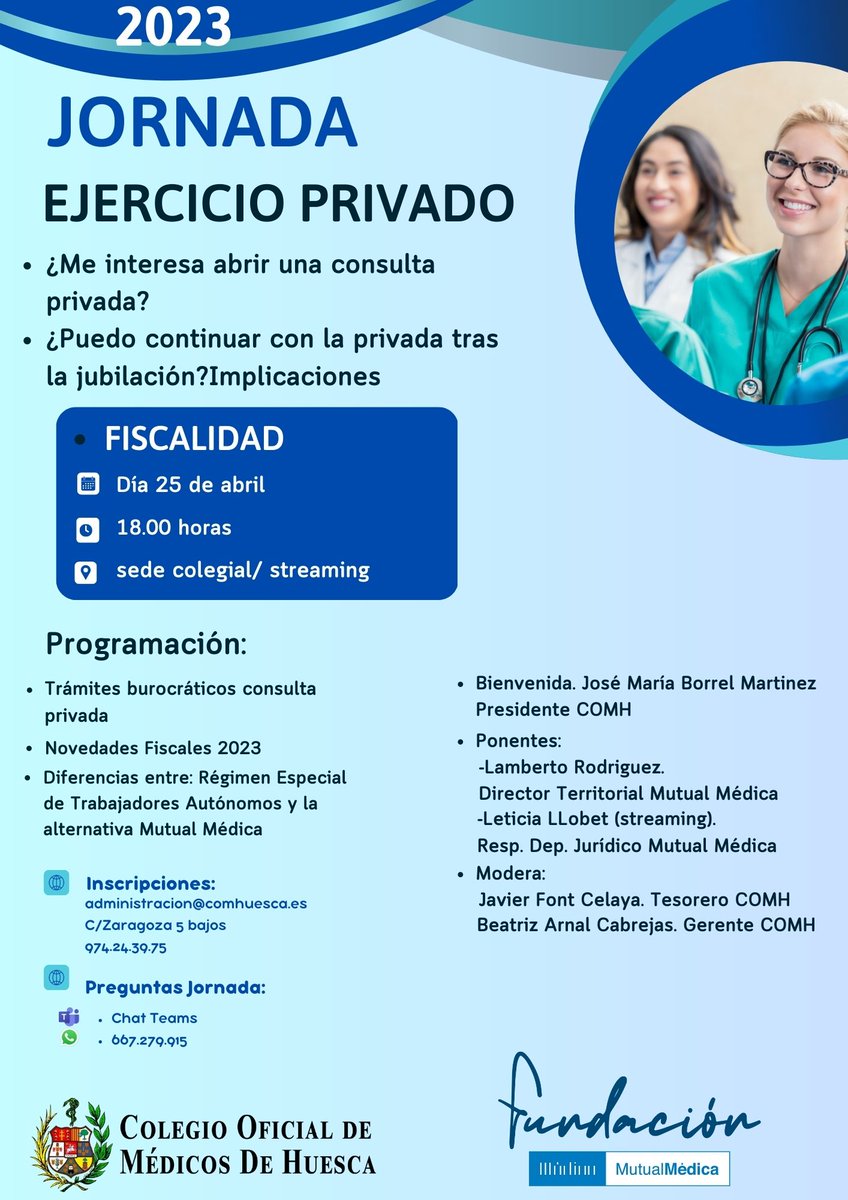 jgt_cto's tweet photo. #Jornada de #EjercicioLibre #Medicina Colegio Oficial de Médicos de #Huesca #COMHuesca 
Colabora: @MutualMedica 
Respalda: @medicoszaragoza #COMTeruel #ConsejoAutonómicoCOMAragón
Presencial/On-Line
Martes 25/abril/2023, 18 h. 
Inscripciones: administracion@comhuesca.es https://t.co/odGL1nNswG