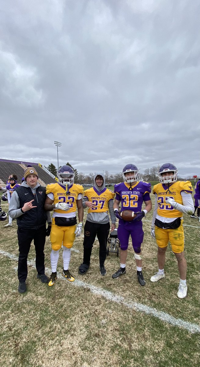 Great day for <a href="/MinnStFootball/">Minnesota State Football</a> and the RB’s <a href="/shenjr22/">Shen Butler-Lawson Jr.</a> <a href="/KadolphColin/">Colin Kadolph</a> <a href="/CaseyEr46493142/">Casey Erickson</a> <a href="/christianvasser/">Christian Vasser</a> in the Purple vs. Good Spring Game! Also, shoutout to all the recruits from North Dakota and South Dakota who made it out to our Junior Day today and camp last night! #DakotaMavs
