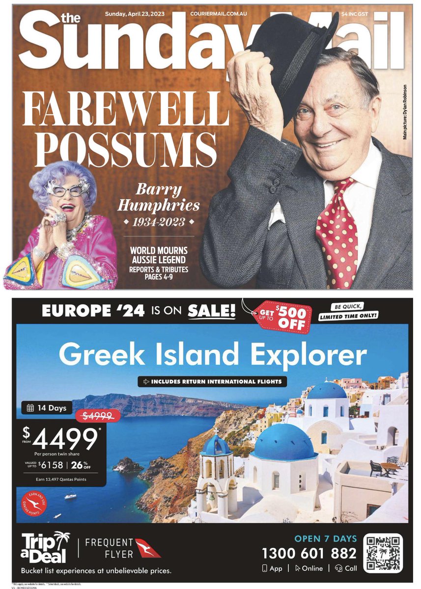 Congrats to The Sunday Mail with its up-to-the-minute late night breaking story on the passing of #BarryHumphries with a front page lead &amp; 6 inside pages. Gone are days when the country edition of the SM - which Ipswich received - was around 6pm Saturday. Well done. <a href="/couriermail/">The Courier-Mail</a>