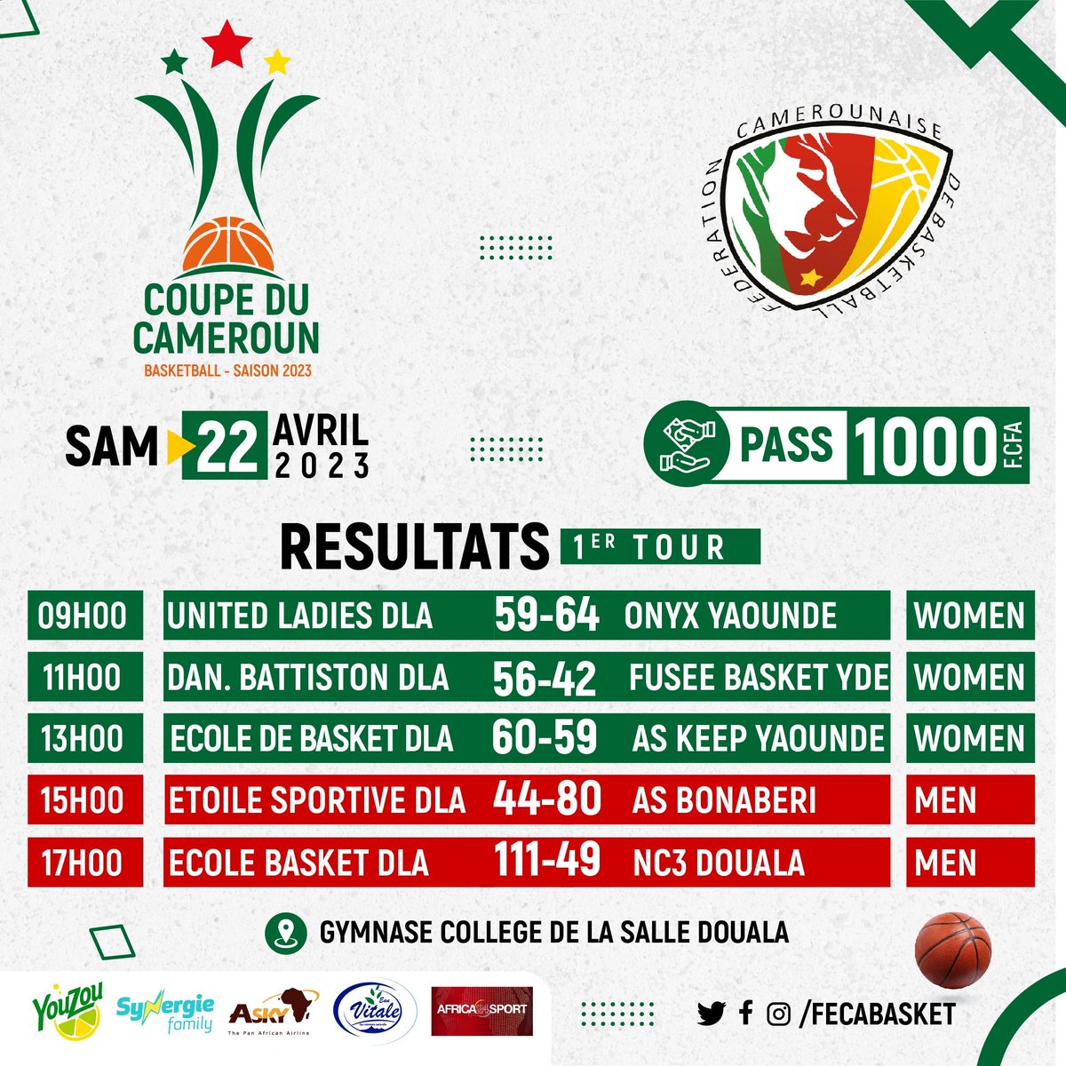 FECABASKET's tweet photo. DLA - RÉSULTATS DE LA COUPE DU CAMEROUN, 1er TOUR.
#coupeducameroun2023
#CNESD
#CNESM
#AFROBASKET https://t.co/ZCLZbOJ7WM