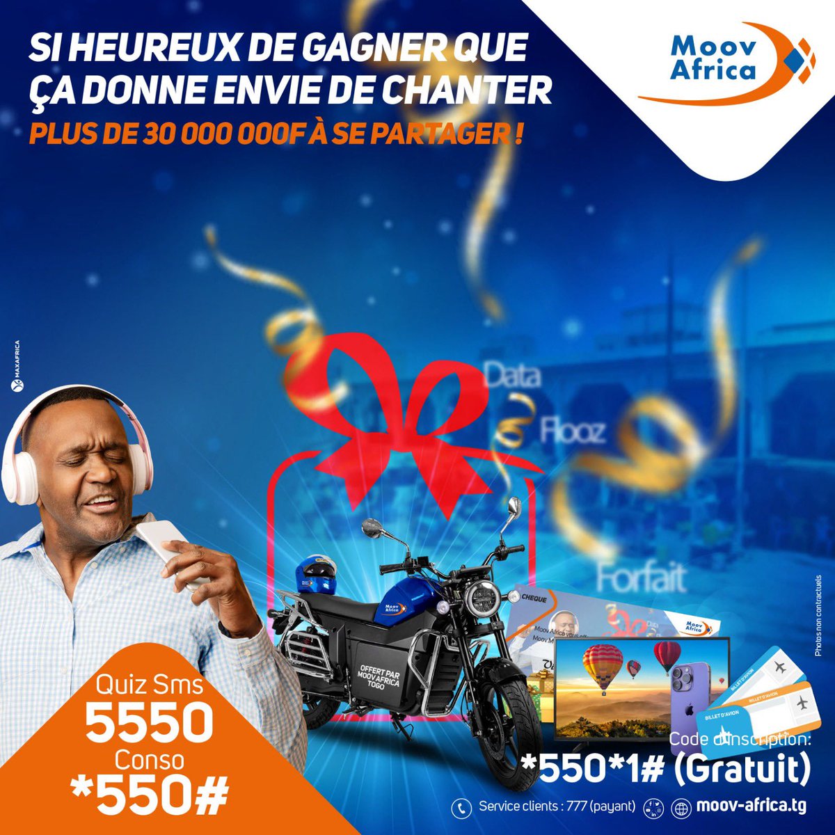 moovafricatg's tweet photo. Plus qu’un jour pour clôturer la Promo Conso #MoovShare ! 

Si tu veux gagner la moto, le billet d'avion, le Smart TV, ou l’iPhone 14 Pro Max, c’est le moment ou jamais de maximiser ta souscription aux différents forfaits et d’envoyer "MOOV" au 5550 par SMS pour répondre au Quiz. https://t.co/TPDZffbmWU