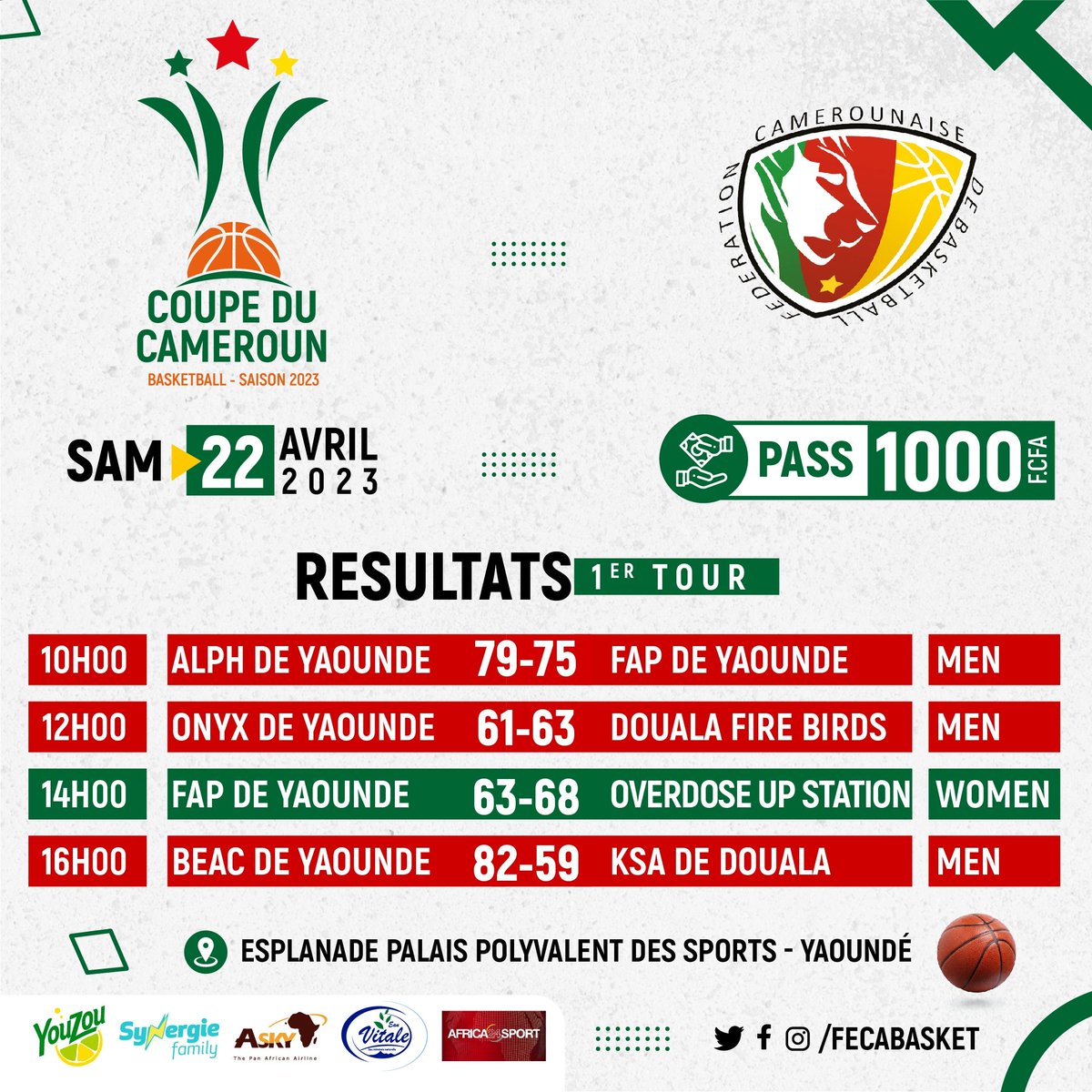 FECABASKET's tweet photo. YNDE - RÉSULTATS DE LA COUPE DU CAMEROUN, 1er TOUR.
#coupeducameroun2023
#CNESD
#CNESM
#AFROBASKET https://t.co/cTeidpzYv4